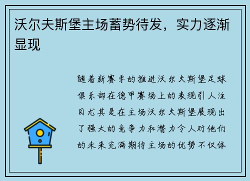 沃尔夫斯堡主场蓄势待发，实力逐渐显现